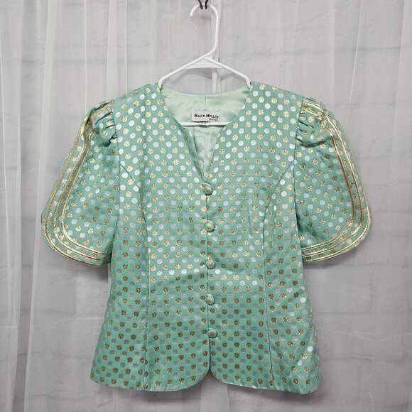 Vintage Karen Miller Shacket Jacket Green Gold Polka Dot Metallic Retro 13/14 - Picture 7 of 7